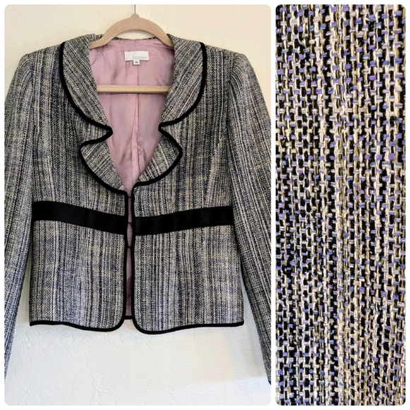 Symmetry Jackets & Blazers - VTG 90s Silk Women Black and Indigo Blue Textured Blazer Luxury Academia Career